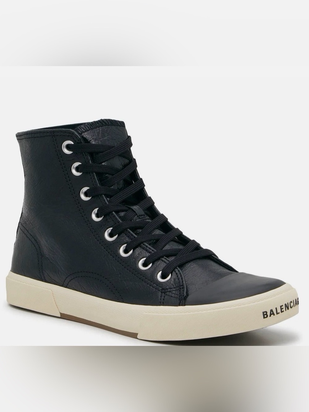 Balenciaga Black High-Top Leather Sneaker with Cream Sole